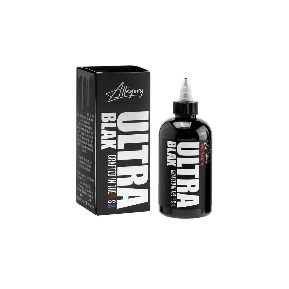 ULTRA BLAK – 8oz $35.00 Best for lining, shading and blackouts.Allegory ultra Blak offers the same smooth consistent blend, but now in our most concentrated formula to date. The premier ink for any artist looking to take their craft to the next level. Thi